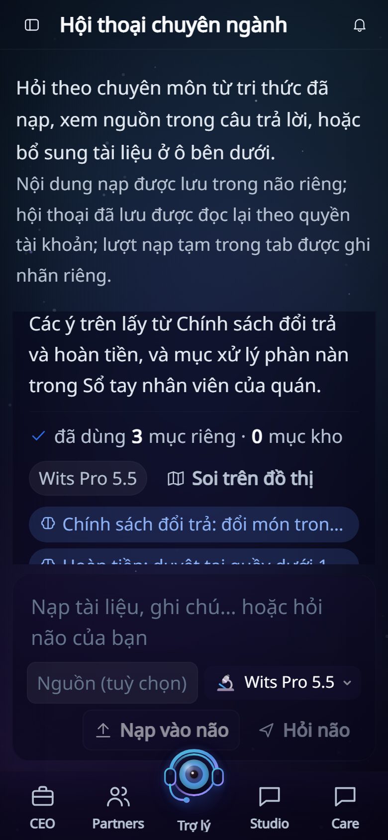 Kho tri thức nội bộ trong Wits Brain, dữ liệu minh hoạ, trên điện thoại