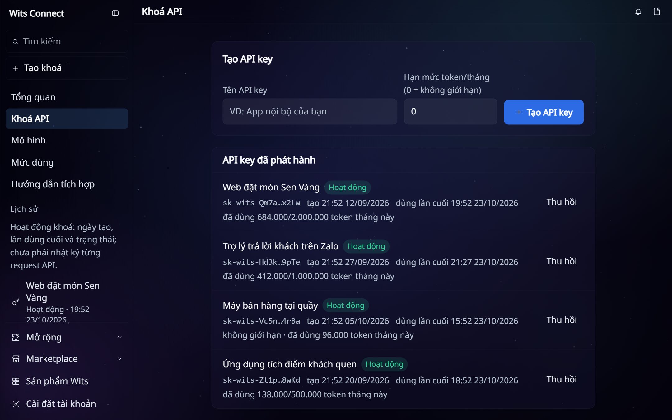 Wits Connect quản lý khoá kết nối, dữ liệu minh hoạ, trên máy tính