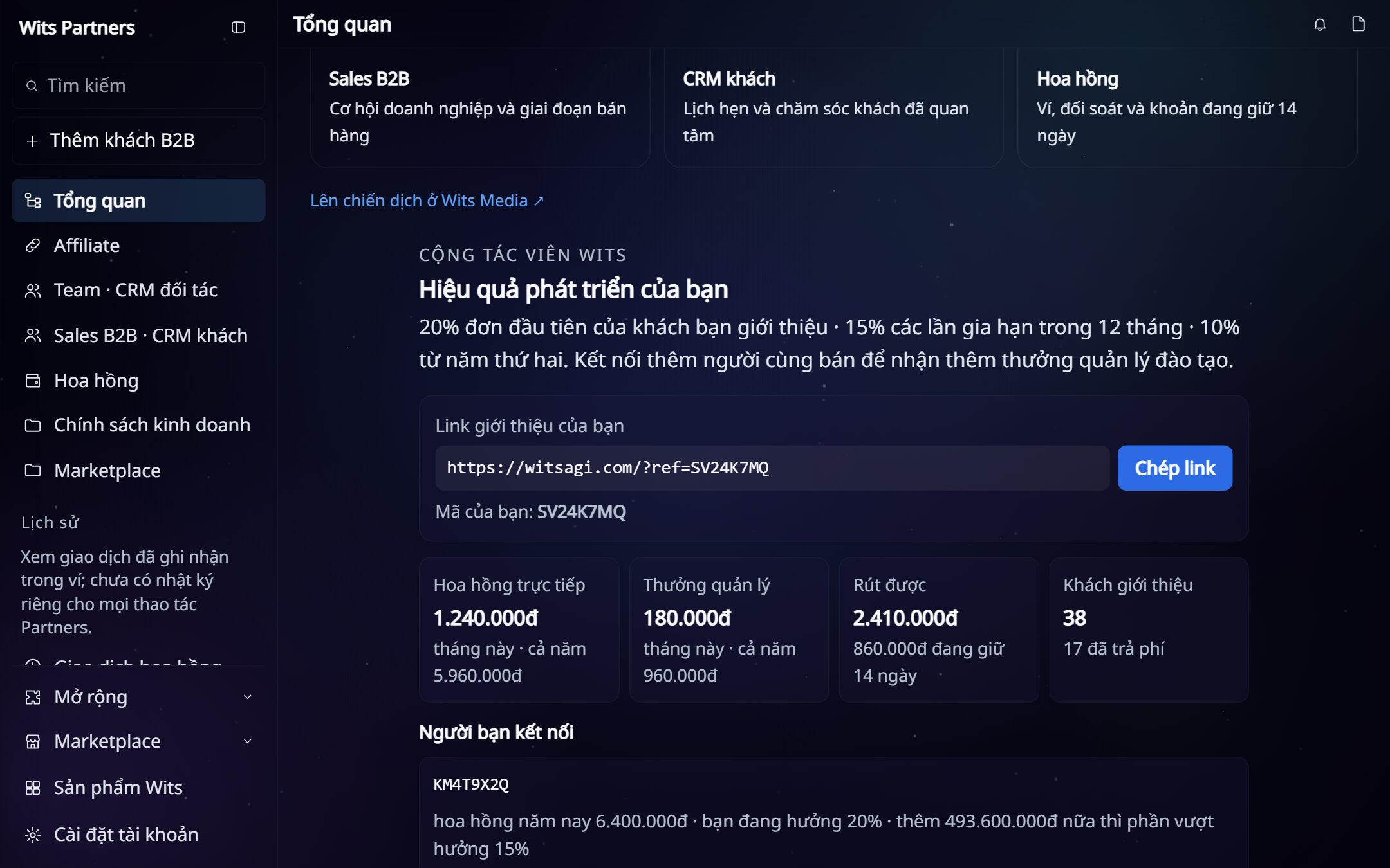Bàn điều khiển Wits Partners, số tiền trong ảnh chỉ để minh hoạ cách đối soát, dữ liệu minh hoạ, trên máy tính