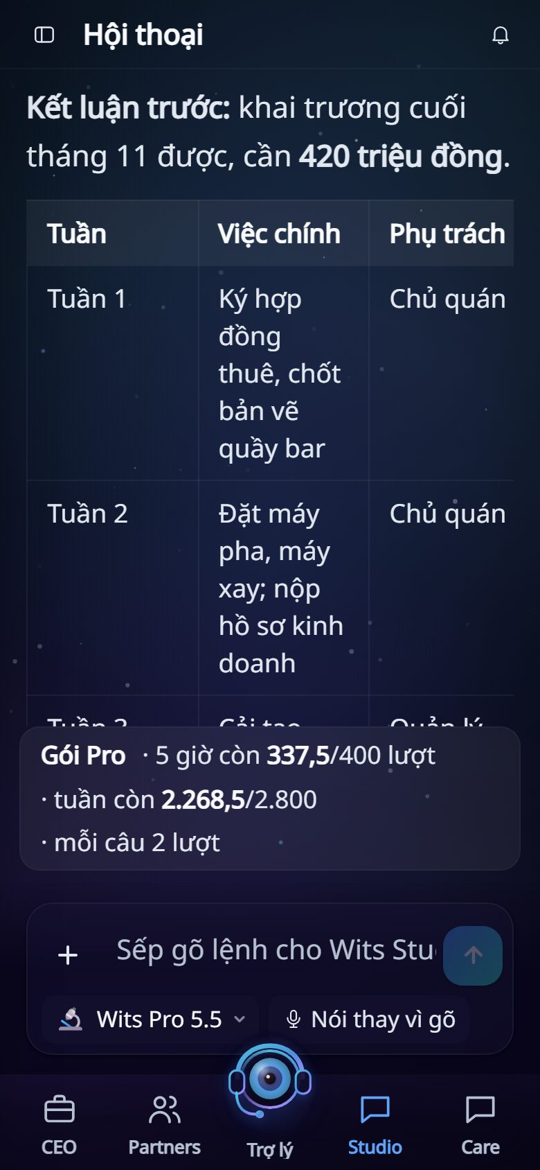 Wits Studio đang soạn kế hoạch kinh doanh có nguồn, dữ liệu minh hoạ, trên điện thoại